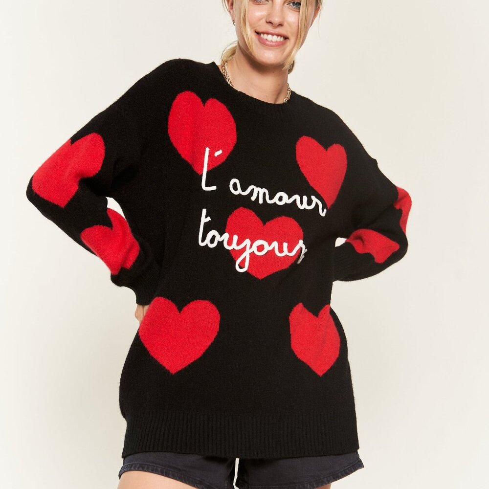 Black Sweater with Red Heart Motif - L'amour Toujours